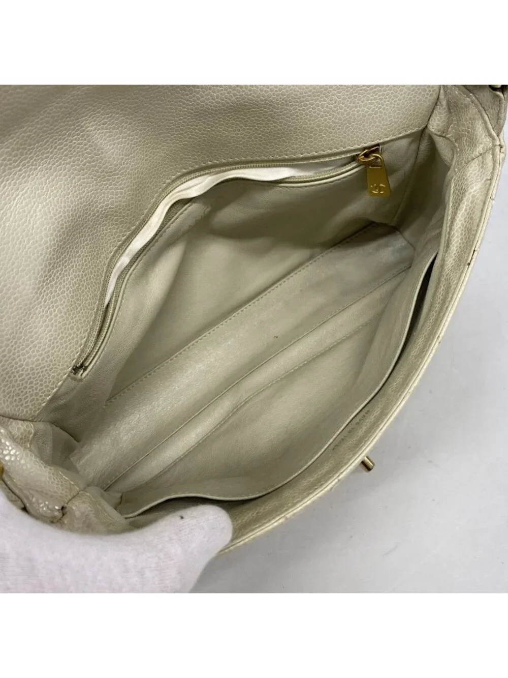 Chanel Handbag Quilted Caviar Leather White Gold